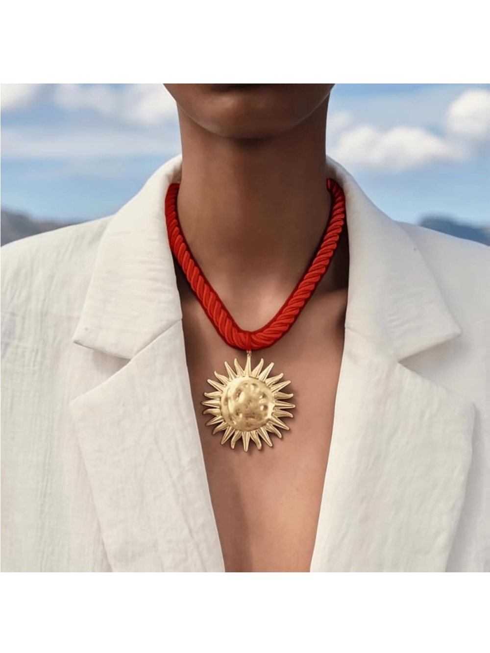 Exquisite Red Rope Necklace with Golden Sun Pendant - Retro Round Coin Necklace